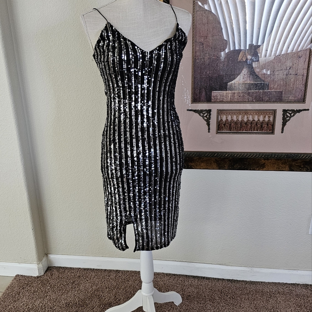 Black Sequin Striped Dress